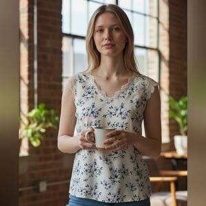 Sleeveless V Neck / Lace Trim | White With Floral Designs Tops | Size XXL